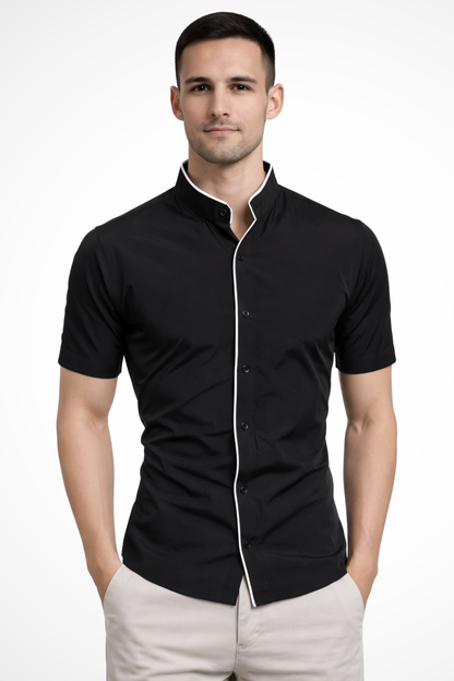 Men's black slim fit short sleeve stand collar shirt