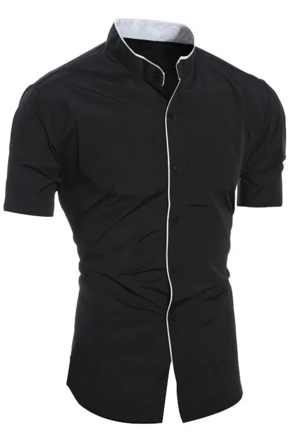 Men's black slim fit short sleeve stand collar shirt