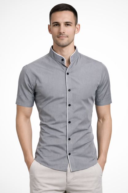 Men's black slim fit short sleeve stand collar shirt