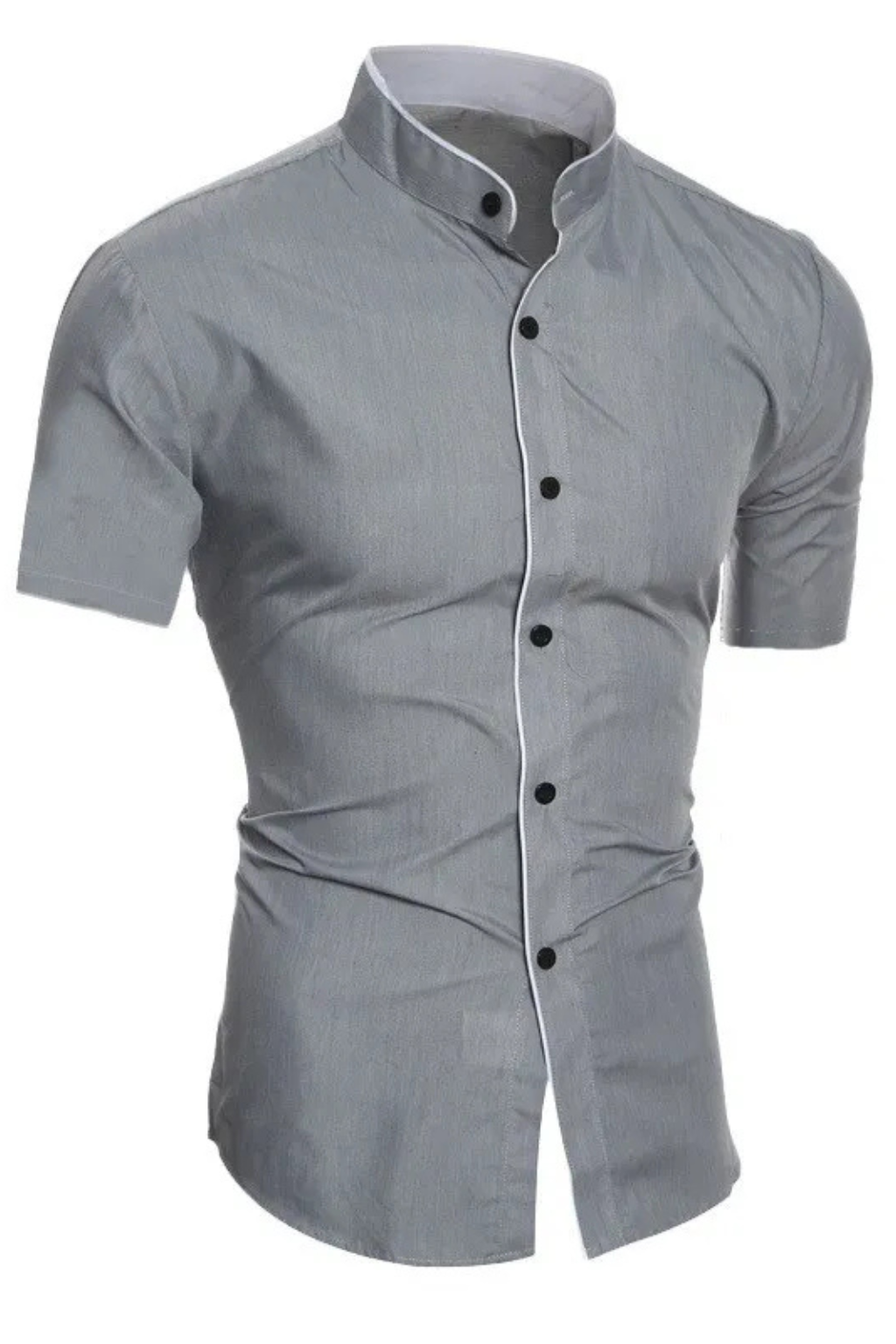Men's black slim fit short sleeve stand collar shirt
