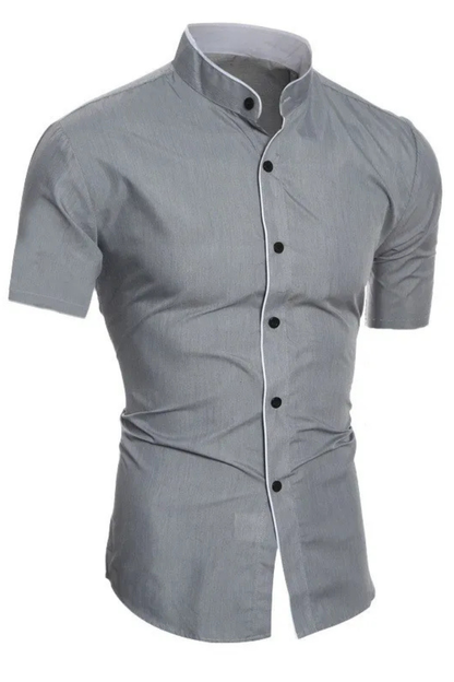 Men's black slim fit short sleeve stand collar shirt