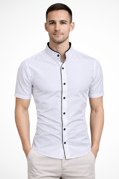 Men's black slim fit short sleeve stand collar shirt