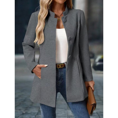 Gray Single-Breasted Stand-Collar Winter Coat with Front Pockets
