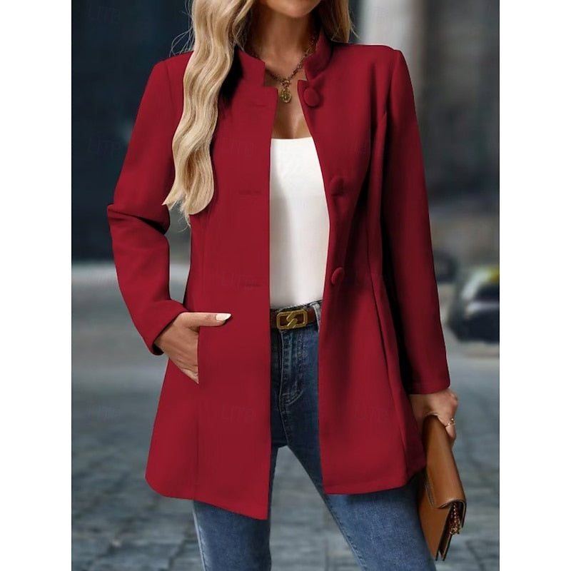 Red Single-Breasted Stand-Collar Winter Coat with Front Pockets