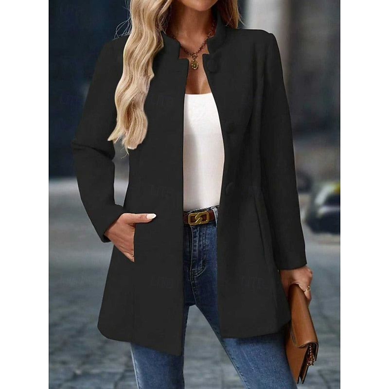 Black Single-Breasted Stand-Collar Winter Coat with Front Pockets