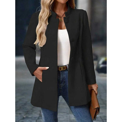 Black Single-Breasted Stand-Collar Winter Coat with Front Pockets