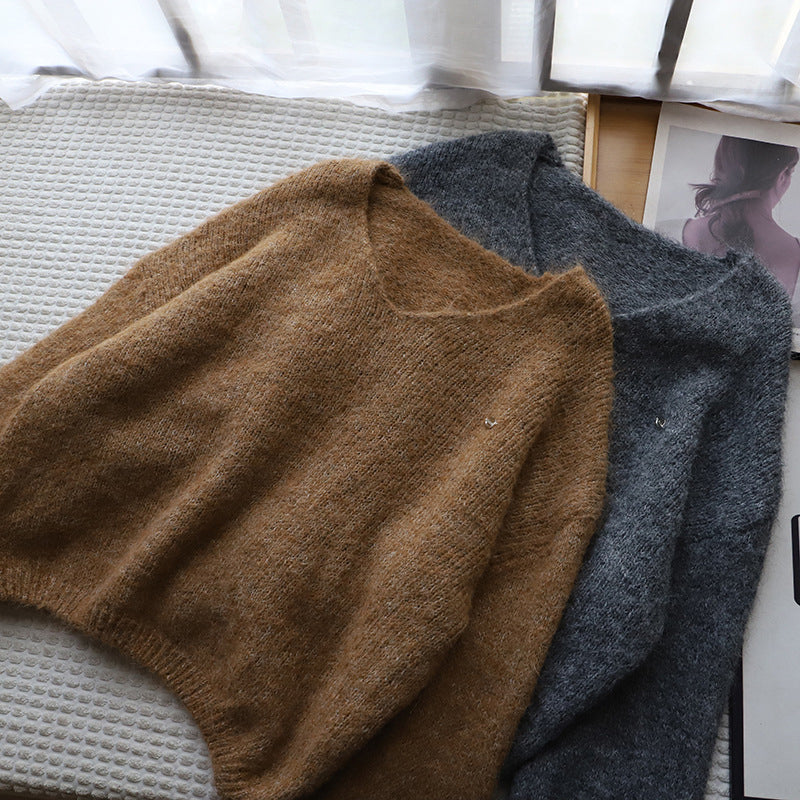 Women's brown deep v neck knit pullover sweater with soft drape