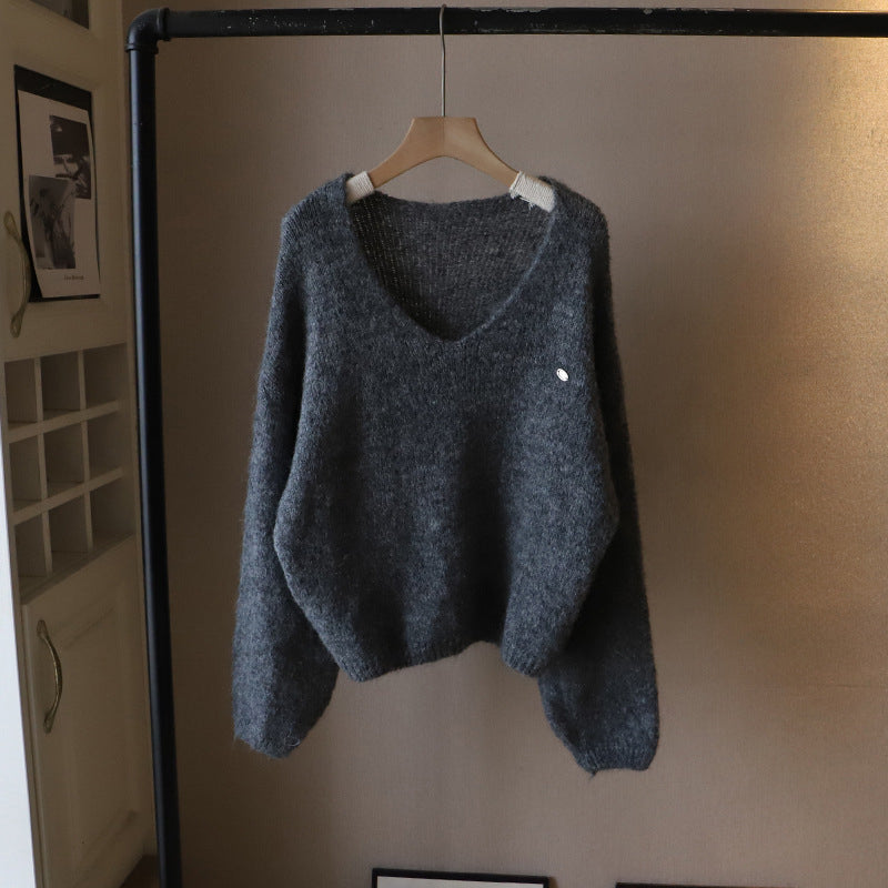 Women's brown deep v neck knit pullover sweater with soft drape
