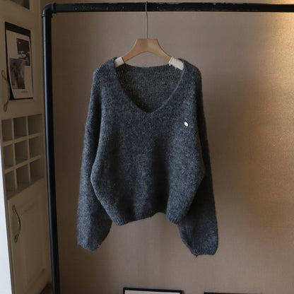 Women's brown deep v neck knit pullover sweater with soft drape