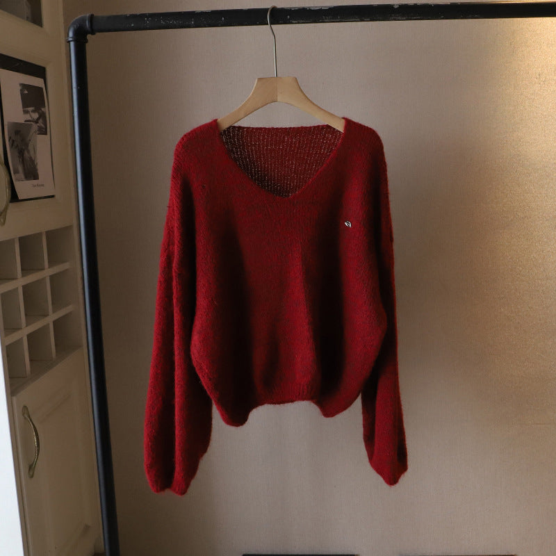 Women's brown deep v neck knit pullover sweater with soft drape