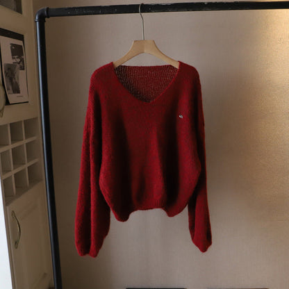 Women's brown deep v neck knit pullover sweater with soft drape