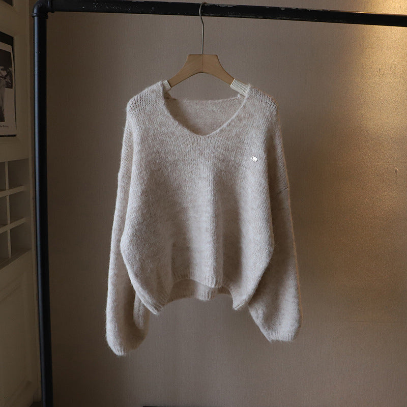 Women's beige deep v neck knit pullover sweater with soft drape