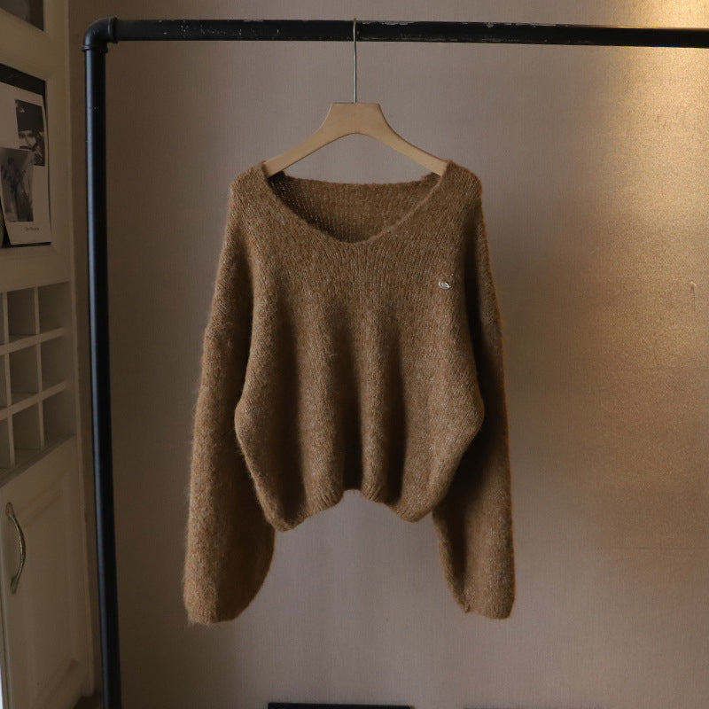 Women's beige deep v neck knit pullover sweater with soft drape