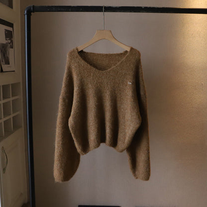Women's beige deep v neck knit pullover sweater with soft drape