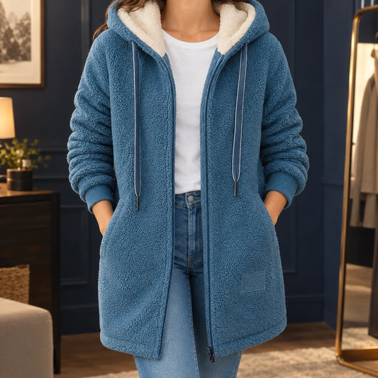 Women's blue hooded fleece jacket with ribbed cuffs