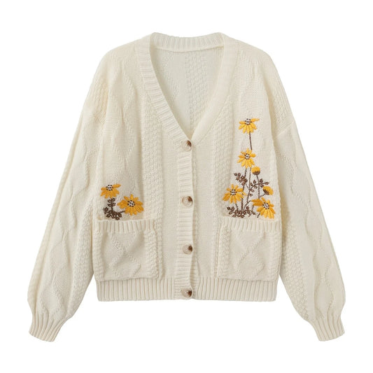 Women's Embroidered Cardigan, Floral Button Knitwear