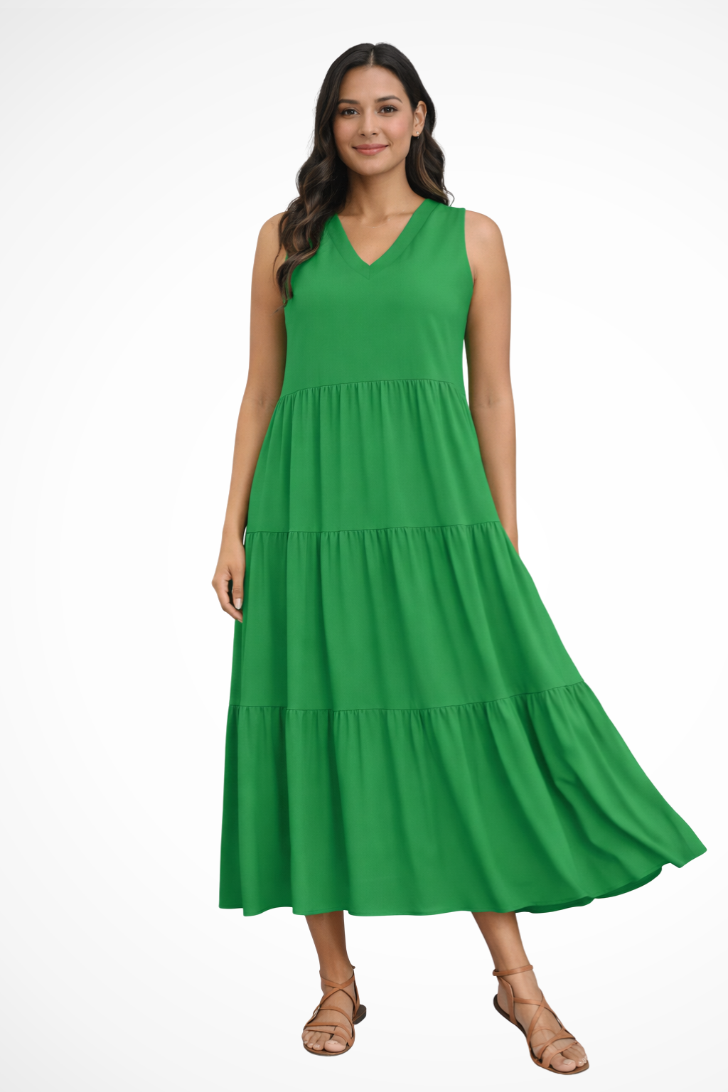 Women's green sleeveless tiered v-neck maxi summer dress