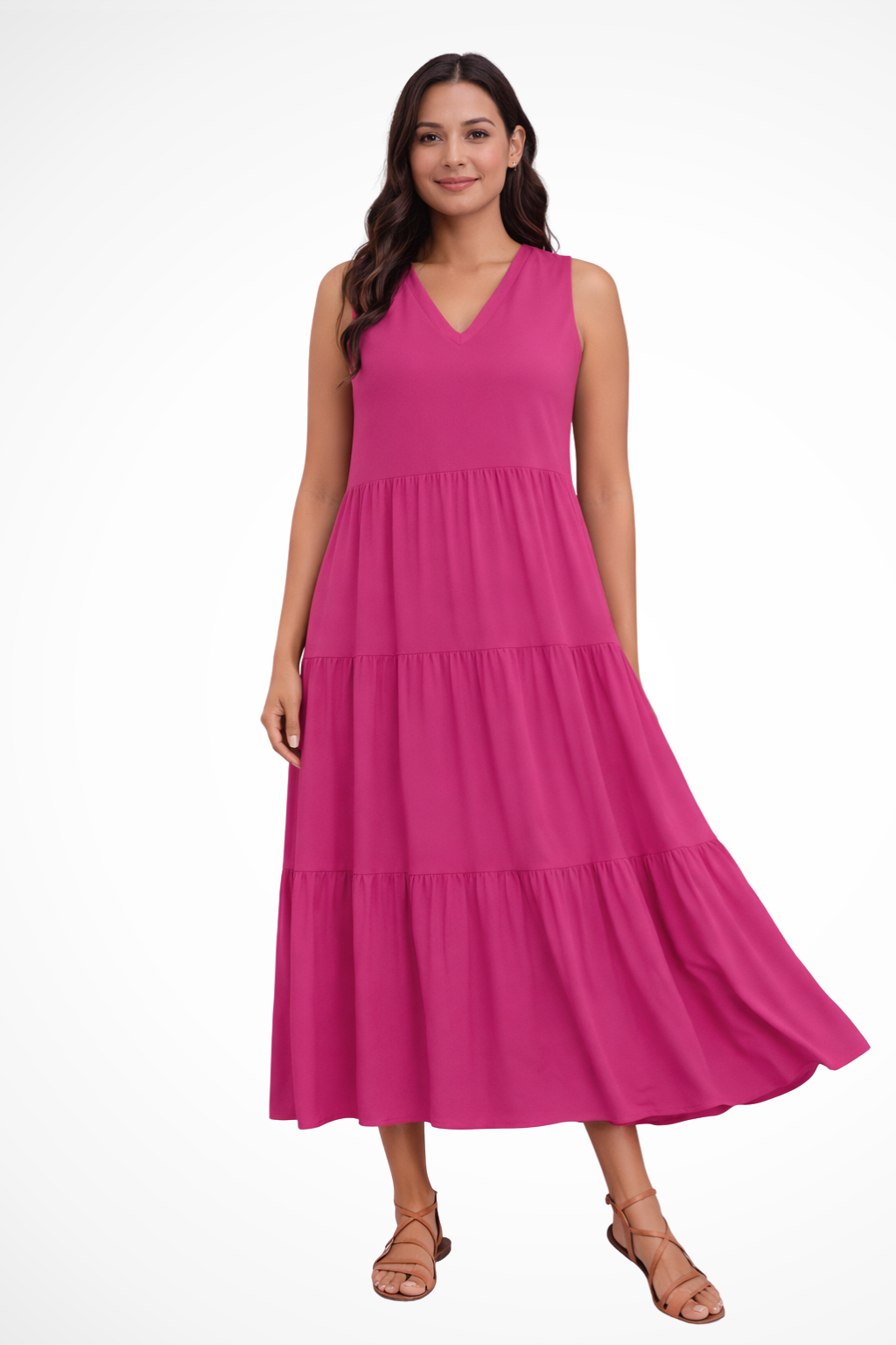 Women's green sleeveless tiered v-neck maxi summer dress