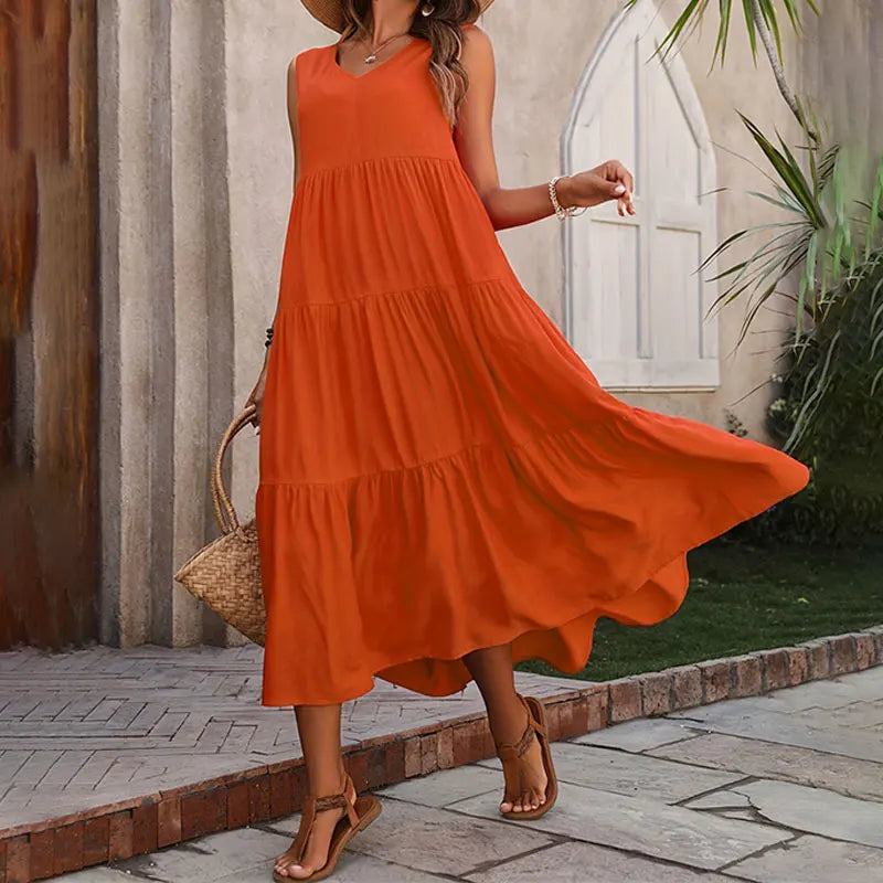 Women's green sleeveless tiered v-neck maxi summer dress