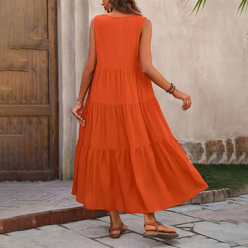 Women's yellow sleeveless tiered v-neck maxi summer dress