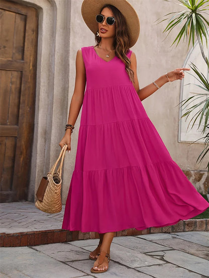 Women's yellow sleeveless tiered v-neck maxi summer dress