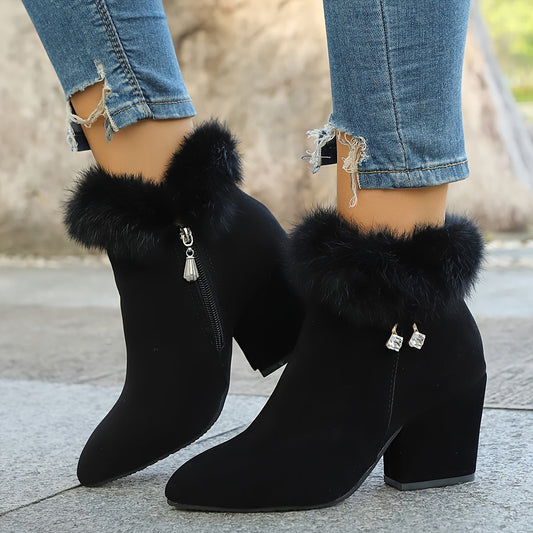 Black Block-Heel Ankle Boots with Pointed Toe