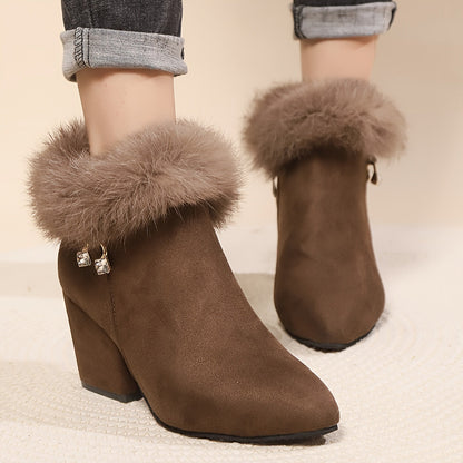 Dark Brown Block-Heel Ankle Boots with Pointed Toe