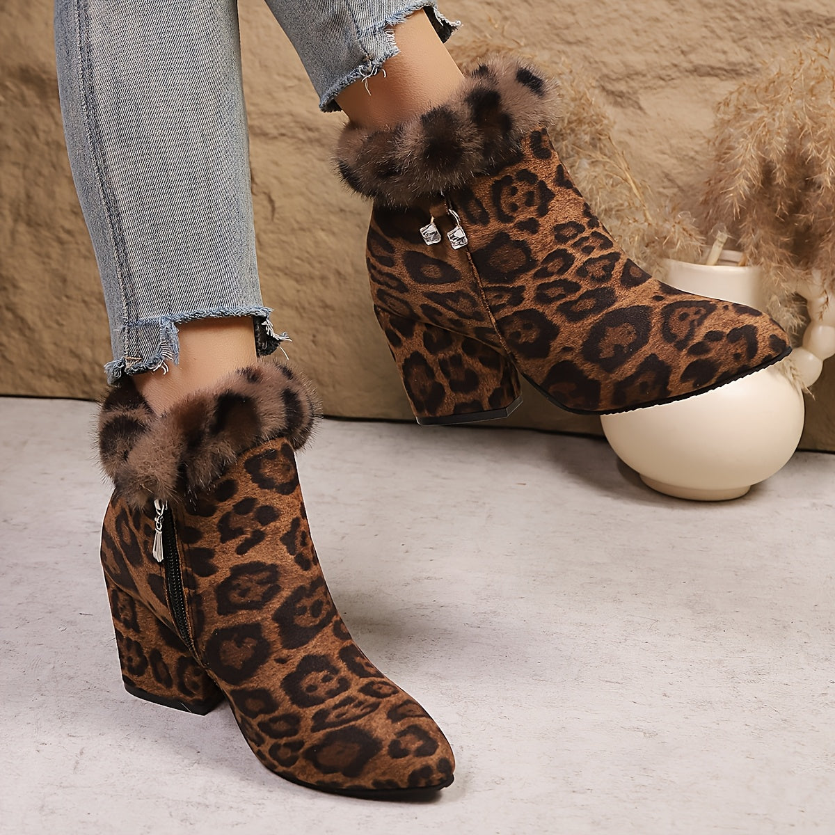 Leopard Print Block-Heel Ankle Boots with Pointed Toe