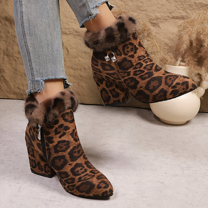 Leopard Print Block-Heel Ankle Boots with Pointed Toe