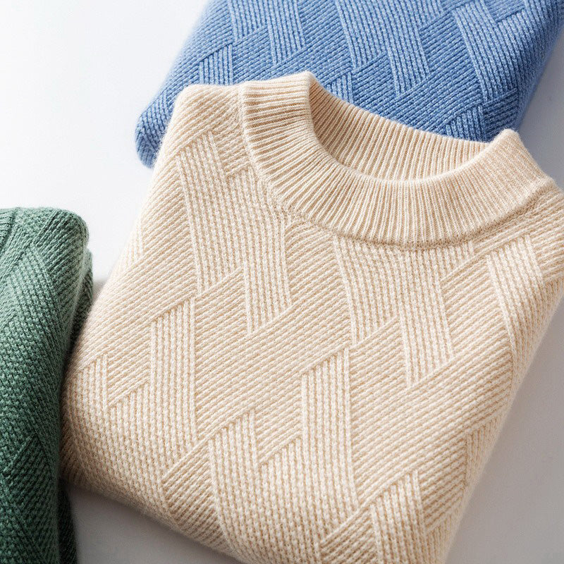 Men's beige soft cashmere blend knit pullover sweater with ribbed cuffs