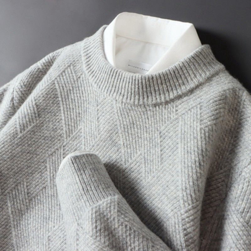 Men's beige soft cashmere blend knit pullover sweater with ribbed cuffs