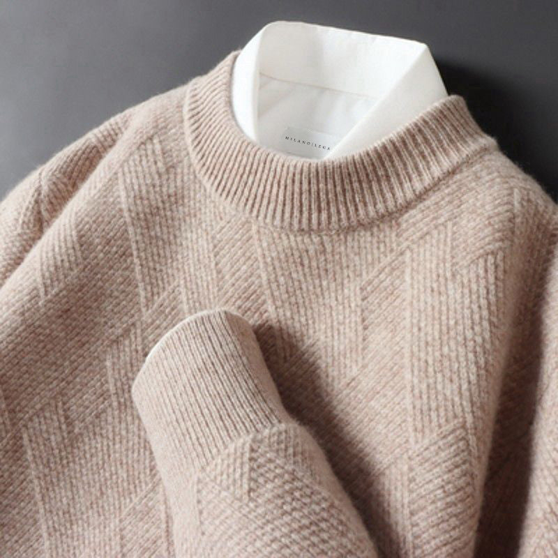 Men's beige soft cashmere blend knit pullover sweater with ribbed cuffs