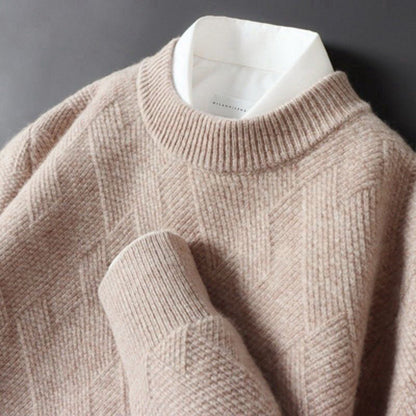 Men's beige soft cashmere blend knit pullover sweater with ribbed cuffs