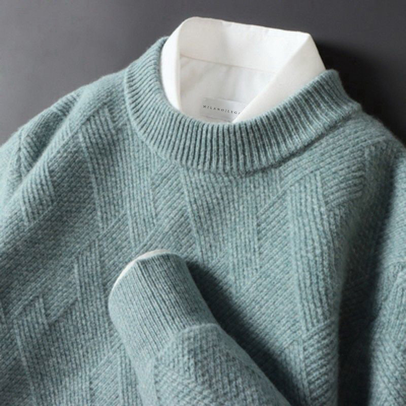 Men's beige soft cashmere blend knit pullover sweater with ribbed cuffs
