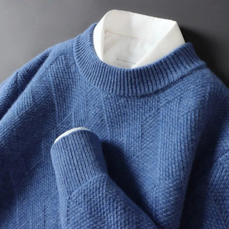 Men's beige soft cashmere blend knit pullover sweater with ribbed cuffs