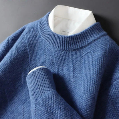 Men's beige soft cashmere blend knit pullover sweater with ribbed cuffs