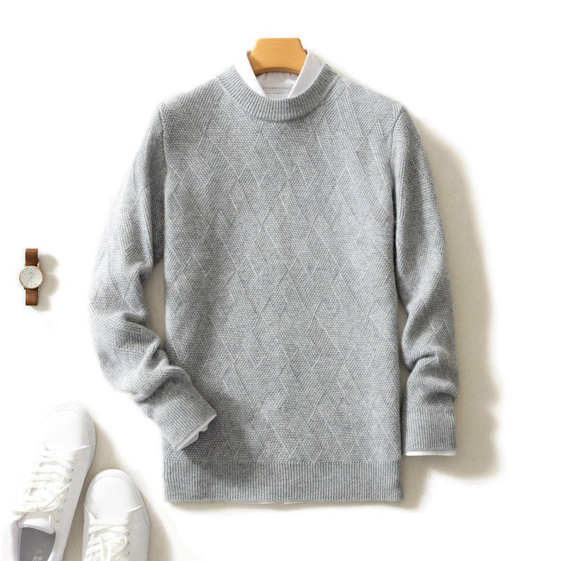 Men's gray soft cashmere blend knit pullover sweater with ribbed cuffs
