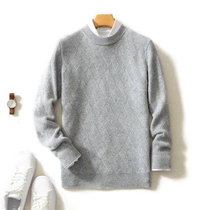 Men's gray soft cashmere blend knit pullover sweater with ribbed cuffs