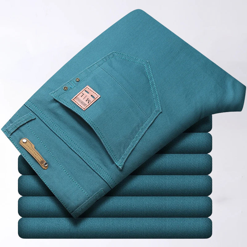 Men's blue slim fit straight leg stretch jeans in midweight denim