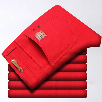 Men's blue slim fit straight leg stretch jeans in midweight denim