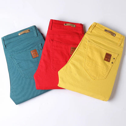 Men's blue slim fit straight leg stretch jeans in midweight denim