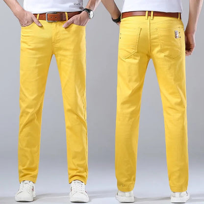 Men's blue slim fit straight leg stretch jeans in midweight denim