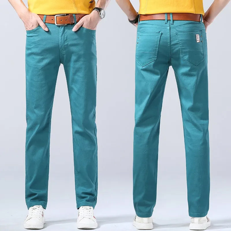 Men's yellow slim fit straight leg stretch jeans in midweight denim