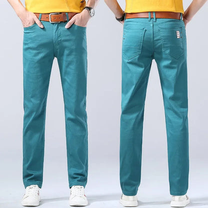 Men's yellow slim fit straight leg stretch jeans in midweight denim
