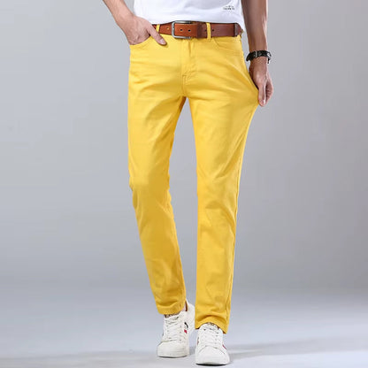 Men's yellow slim fit straight leg stretch jeans in midweight denim