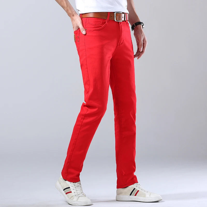 Men's yellow slim fit straight leg stretch jeans in midweight denim