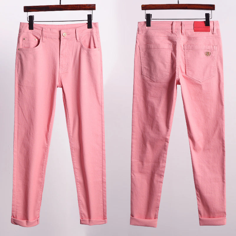 Men's yellow slim fit straight leg stretch jeans in midweight denim