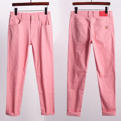 Men's yellow slim fit straight leg stretch jeans in midweight denim