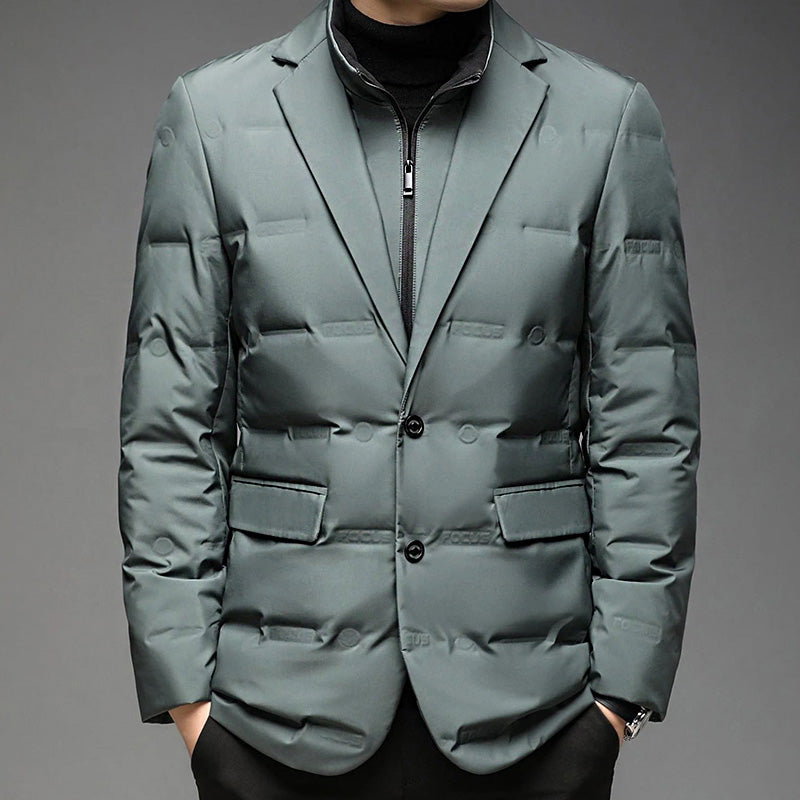 Men's green insulated duck down puffer jacket with zip front