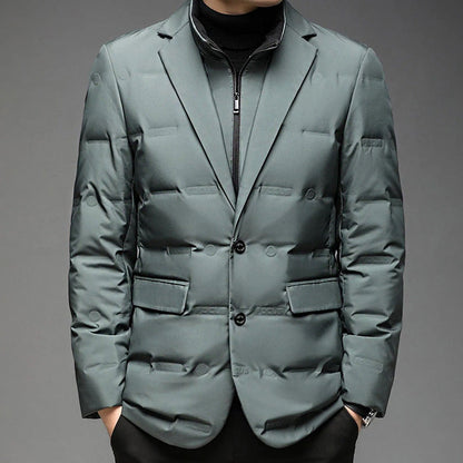 Men's green insulated duck down puffer jacket with zip front